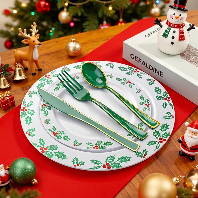 WDF 180PCS Green Plastic Silverware - Green Utensils 60 Forks, 60 Knives and 60 Spoons - Heavy Duty Christmas Plastic Cutlery for Party Supplies/Christmas