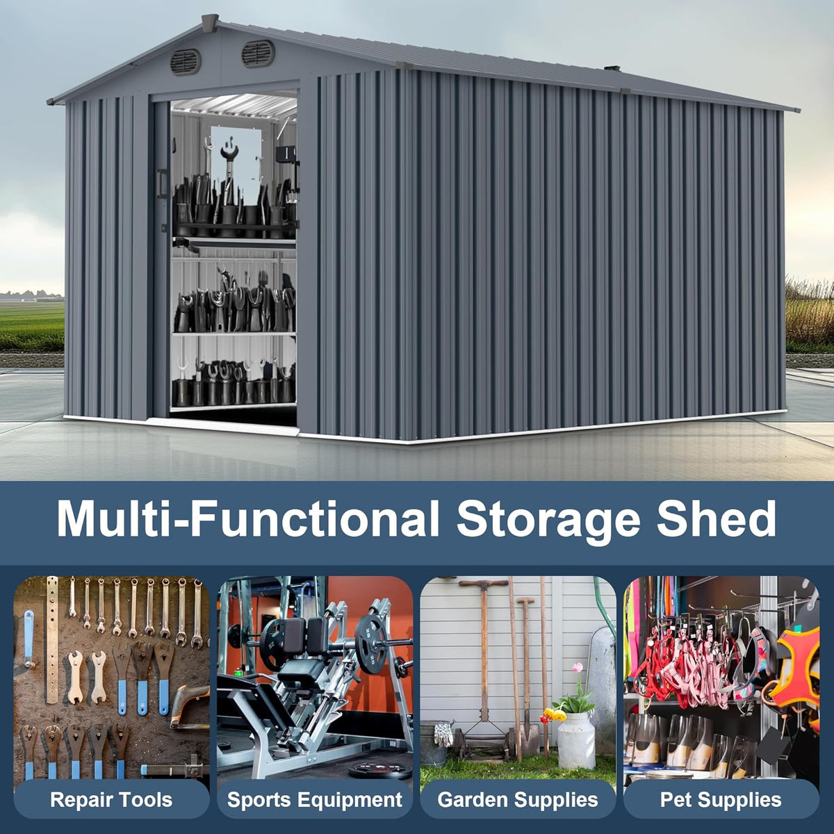 Outdoor Storage Shed 8x10 FT with Window - Metal Sheds & Outdoor Storage for Motorcycle, Bike, Garden Tool, Lawnmower - Backyard Tool Building with 1 Sliding Door and 4 Vents (Without Floor)
