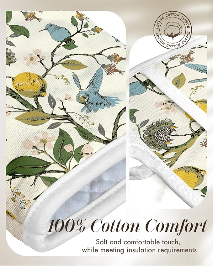 Miss Adola Cotton Oven Mitts and Pot Holders Sets - Quilted Lining Heat Resistant 4 Pieces Set with Hanging Loop Cute Farmhouse Boho Spring Kitchen Decor and Accessories, Lemon Bird