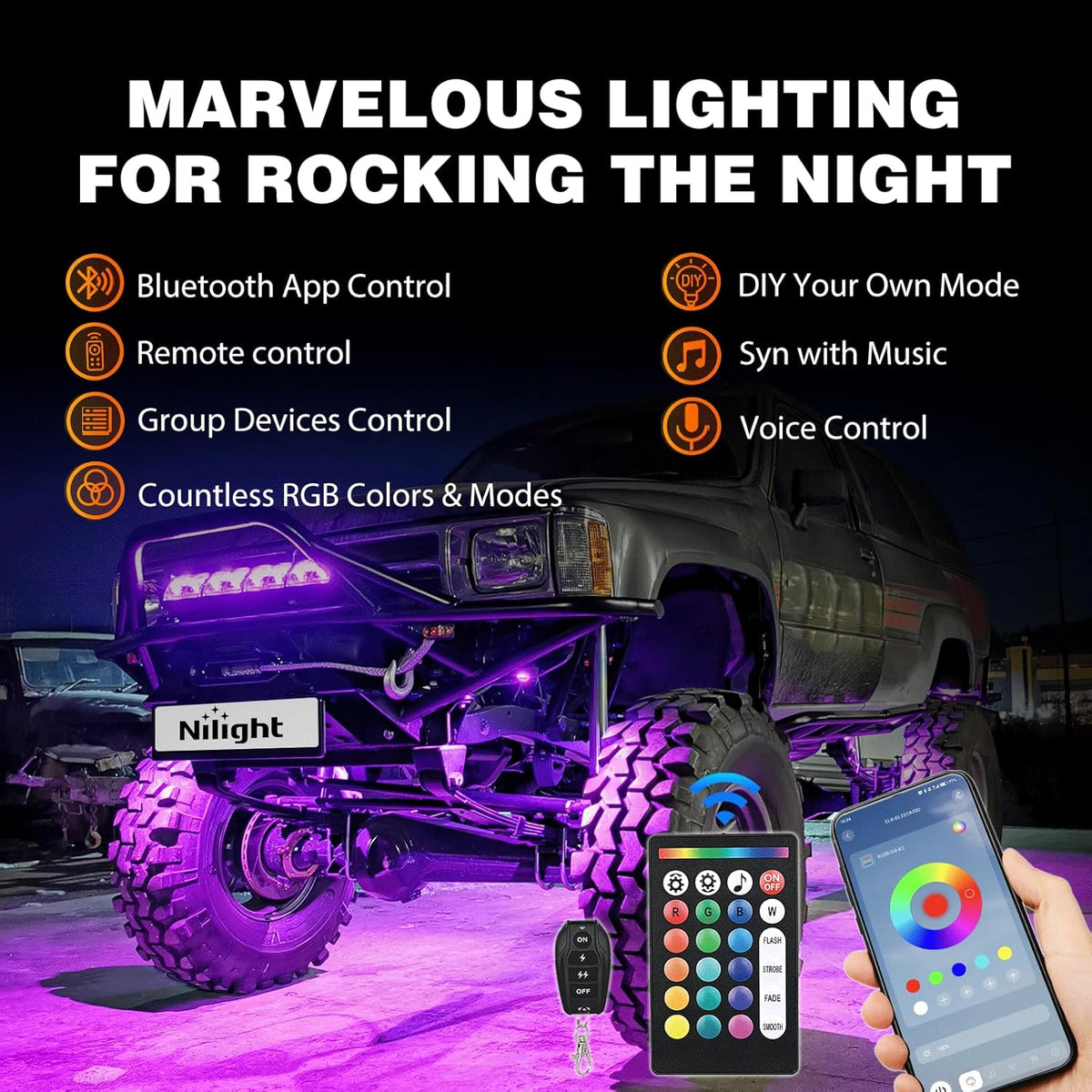 Nilight RGB LED Rock Lights Kit 12 PCS 18LED Wide Angle Wheel Well Light with Remote & Bluetooth App Dual Control Multi Modes Underglow Multicolor Neon Pod for ATV UTV SUV Offroad Truck RZR Boat