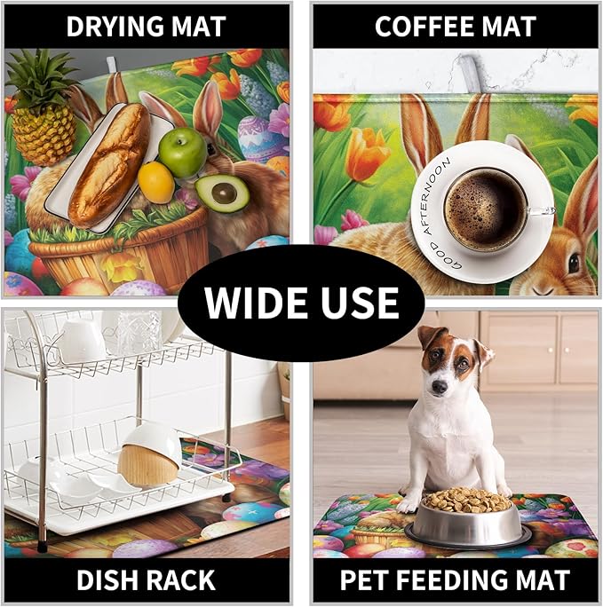 Easter Bunny Eggs Dish Drying Mat for Kitchen Counter, Tulip Floral Flower Drying Mat Spring Summer Holiday Dish Mat Drying Kitchen Mat Absorbent Kitchen Drying Mat for Sink 16x18Inch