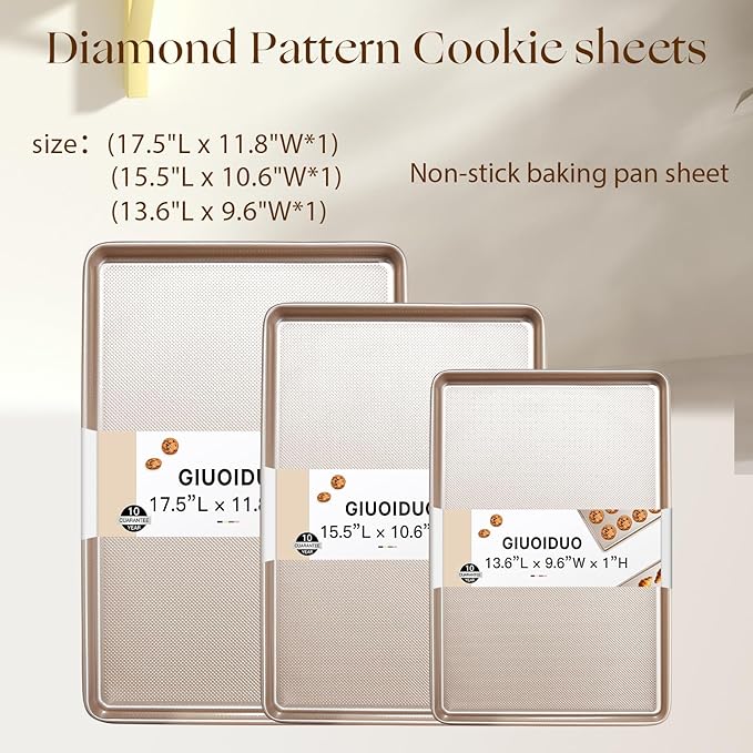 Baking Sheet Set of 3, Nonstick Heavy Duty Cookie Sheets for Oven - 13.6"×9.6"/15.5"×10.6"/17.5"×11.8" Warp-Resistant Carbon Steel Bakeware Trays, Champagne Gold, Dishwasher & Oven Safe
