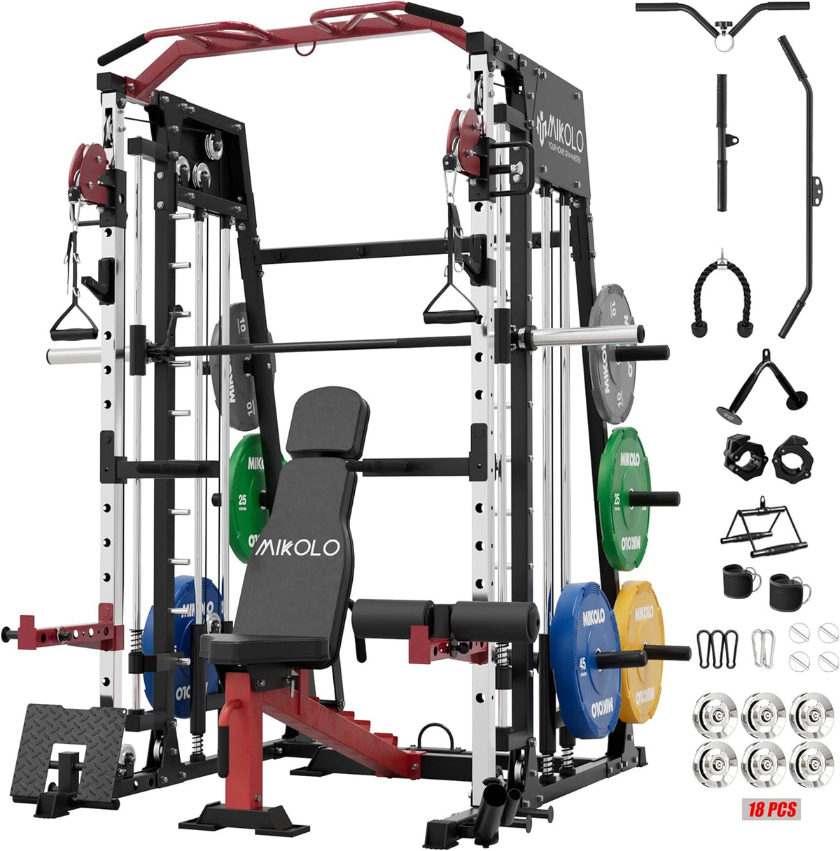 Mikolo Smith Machine, 2200lbs Squat Rack with LAT-Pull Down System & Cable Crossover Machine, Training Equipment with Leg Hold-Down Attachment