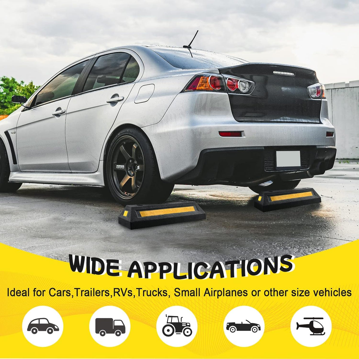 Car Parking Stopper – 2PCs Heavy Duty Rubber Curb Car Stop for Garage and Driveway, Parking Aid, 18” Tire Wheel Stop for Cars, Vans, Trucks – Prevents Hitting Wall or Barrier – Easy Installation