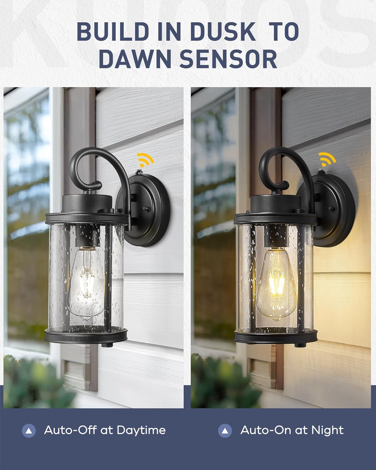 kudos Dusk to Dawn Outdoor Lighting, 12.5 inch Porch Lights Outdoor, Anti-Rust Waterproof Cylinder Wall Light for Patio, Garage, Black with Seeded Glass, KDOWL01-BK-LC