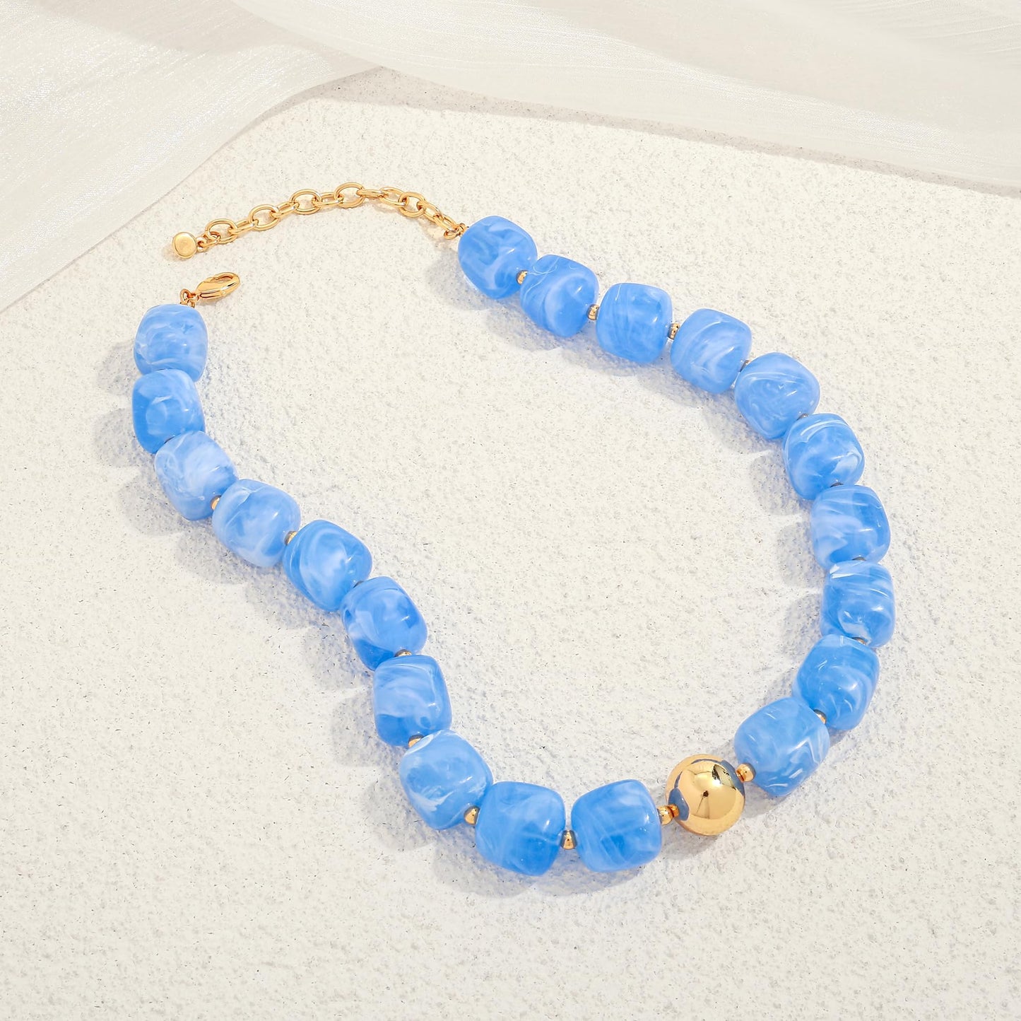 WOWORAMA Chunky Choker Necklaces for Women Sky Blue Large Square Resin Beads Necklace Trendy Statement Chunky Beaded Necklace Summer Holiday Jewelry