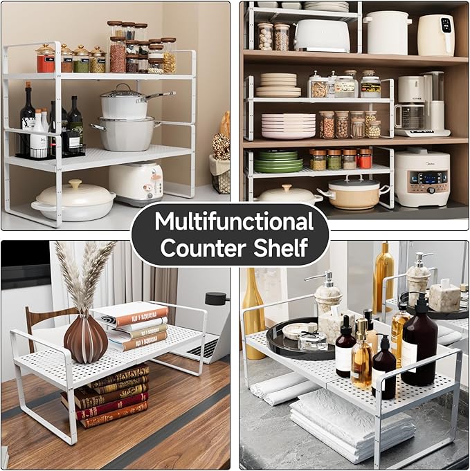 2Pack Expandable Cabinet Shelf Organizers, Stackable Metal Shelves Extender for Kitchen Countertop Storage, Adjustable Spices Shelves Rack Stand for Cupboard Pantry, White