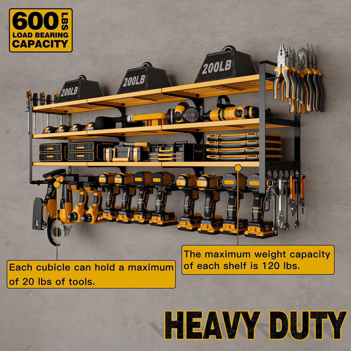 48" Large Power Tools Organizer Wall Mount,12 Drill Holder for Garage, Workshop Heavy Duty Storage Rack (Yellow)