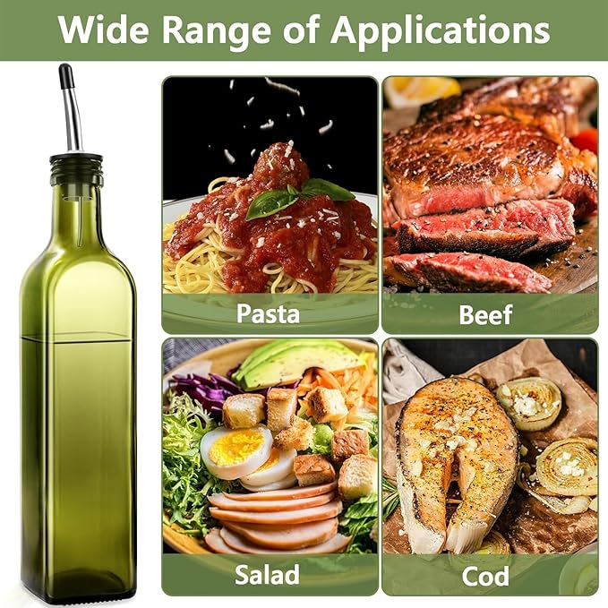 Leaflai Olive Oil Dispenser Bottle, 17oz Glass Olive Oil Dispenser and Vinegar Dispenser Set 500ml Green Glass Oil Bottle Dispenser with Pourers,Funnel and Brush