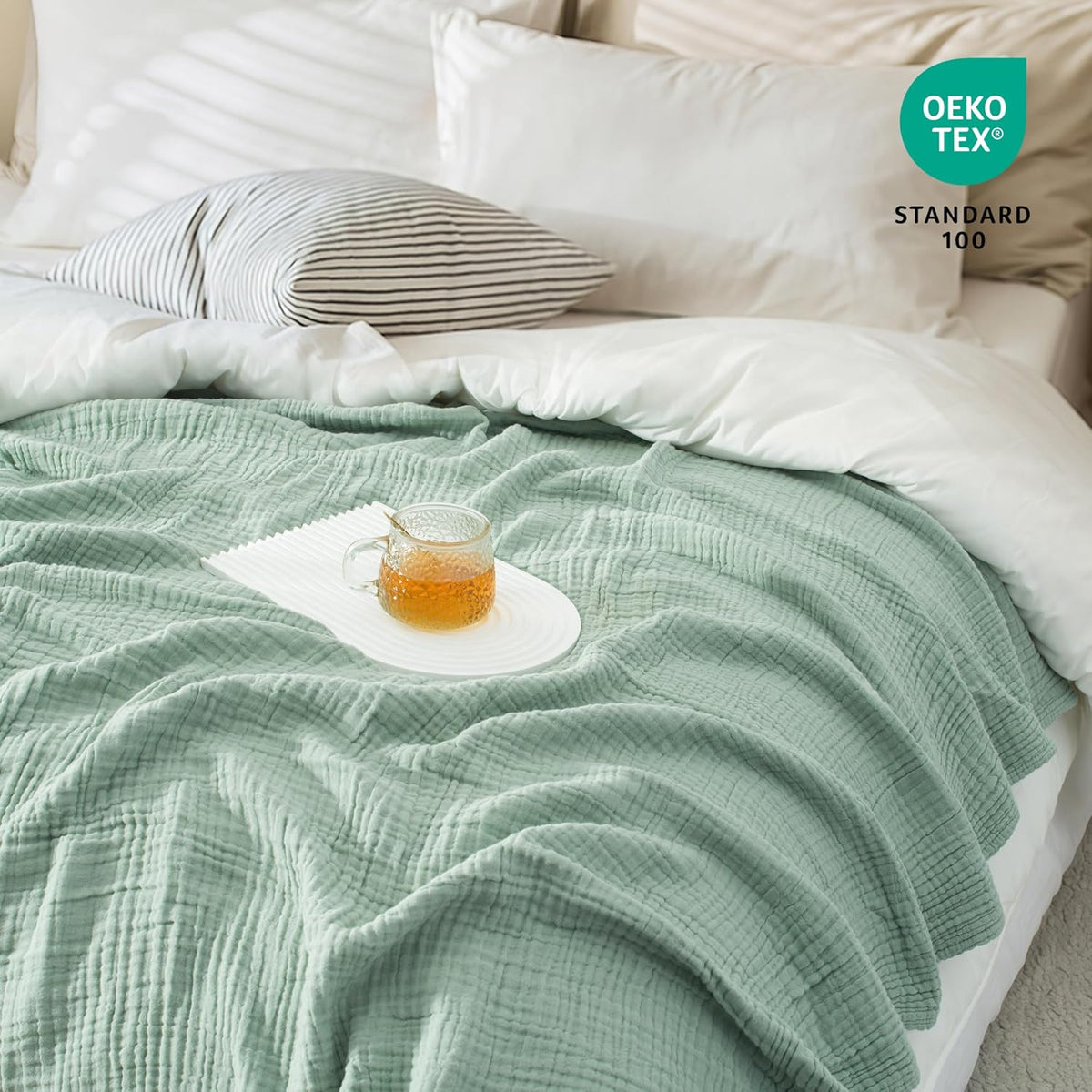 Carriediosa 100% Cotton Muslin Throw Blanket 50" X 70" Throw XL Size，4-Layers Summer Gauze Throws for Bed Couch，Soft Lightweight Breathable Linen Blankets Bedspread for Adults All Season，Sage Green
