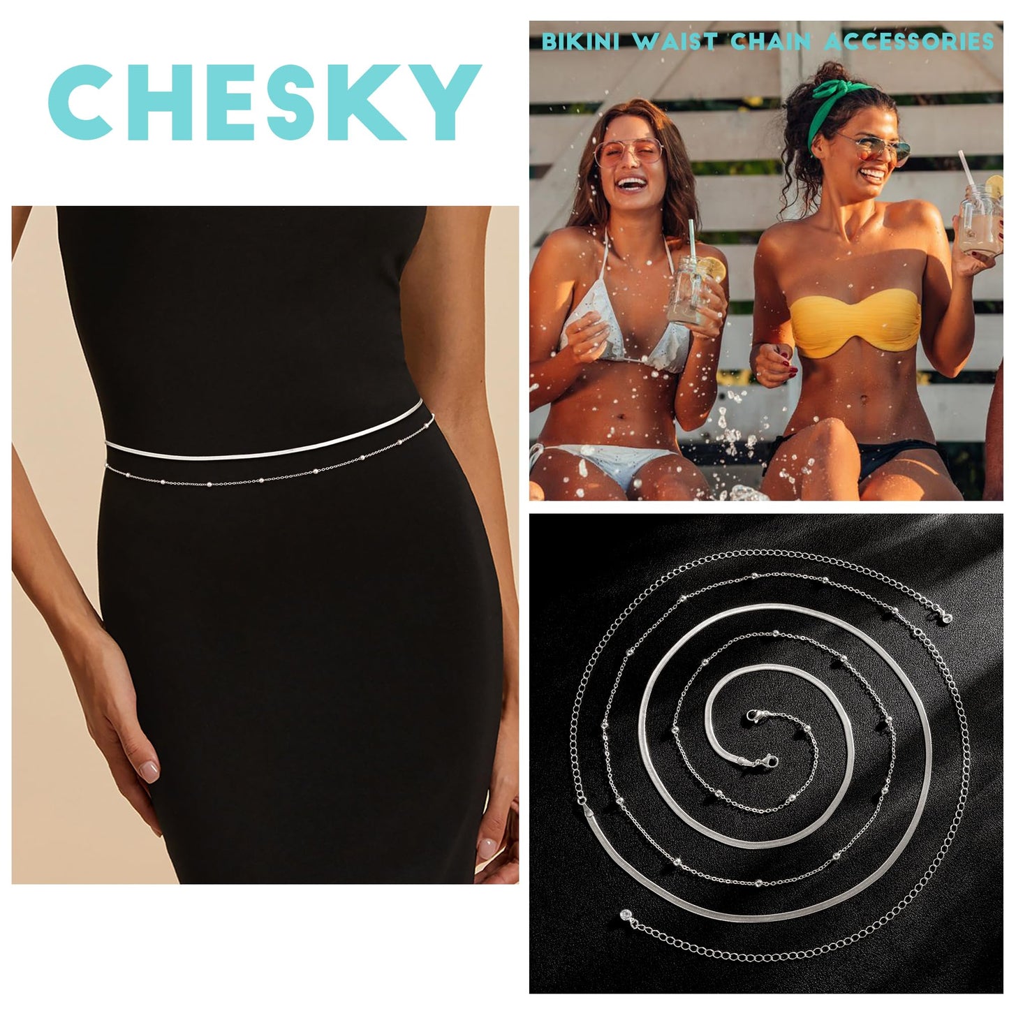 CHESKY Silver Waist Chain for Women, Layered Belly Belt Chains Beach Waist Beads Chain Waterproof Herringbone Snake Body Chain Summer Jewelry Accessories for Women