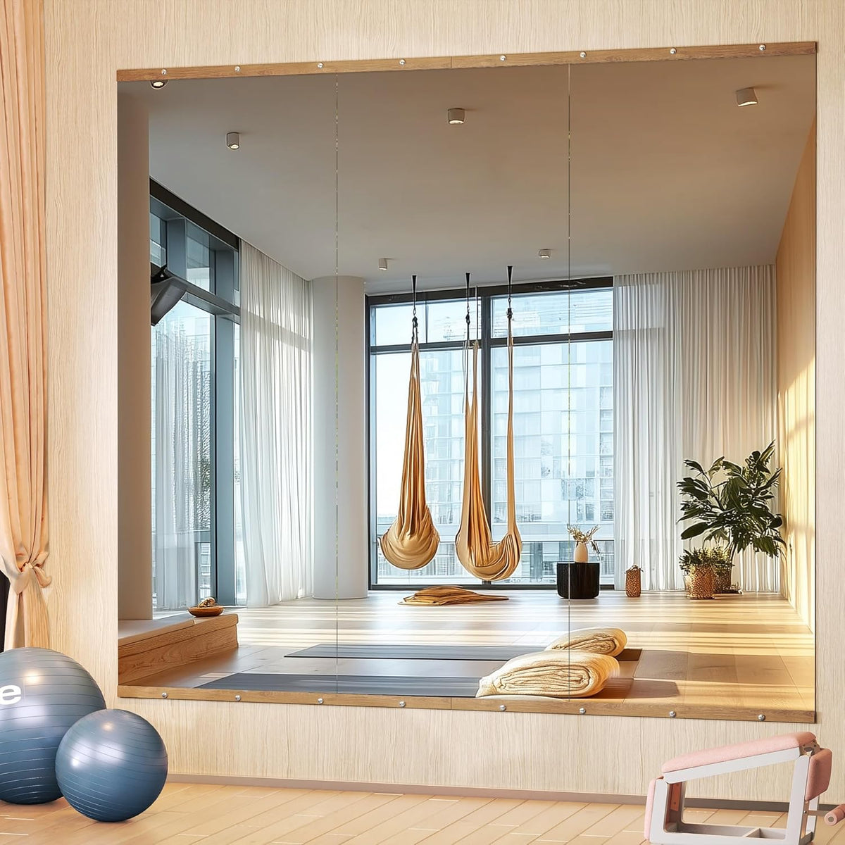 Hasipu 3Pcs 55''x20'' Home Gym Mirror Large Full Length Wall Mounted Full Body Mirror for Yoga Dance Fitness Exercise Studio Bedroom Garage, Frameless Tempered Glass Workout Mirrors Walnut Rectangular