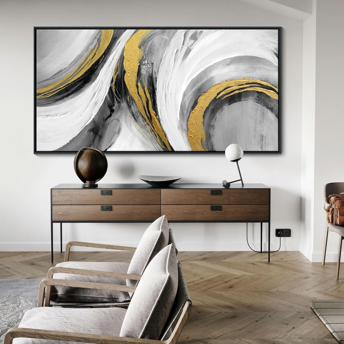 White Gold Wall Art - Abstract Framed Large Size Black White Gold Hand Drawn Textures Artwork Ink Dances With Gold Canvas Painting for Living Room Office Hallway Bed Above Decor 29"X58"
