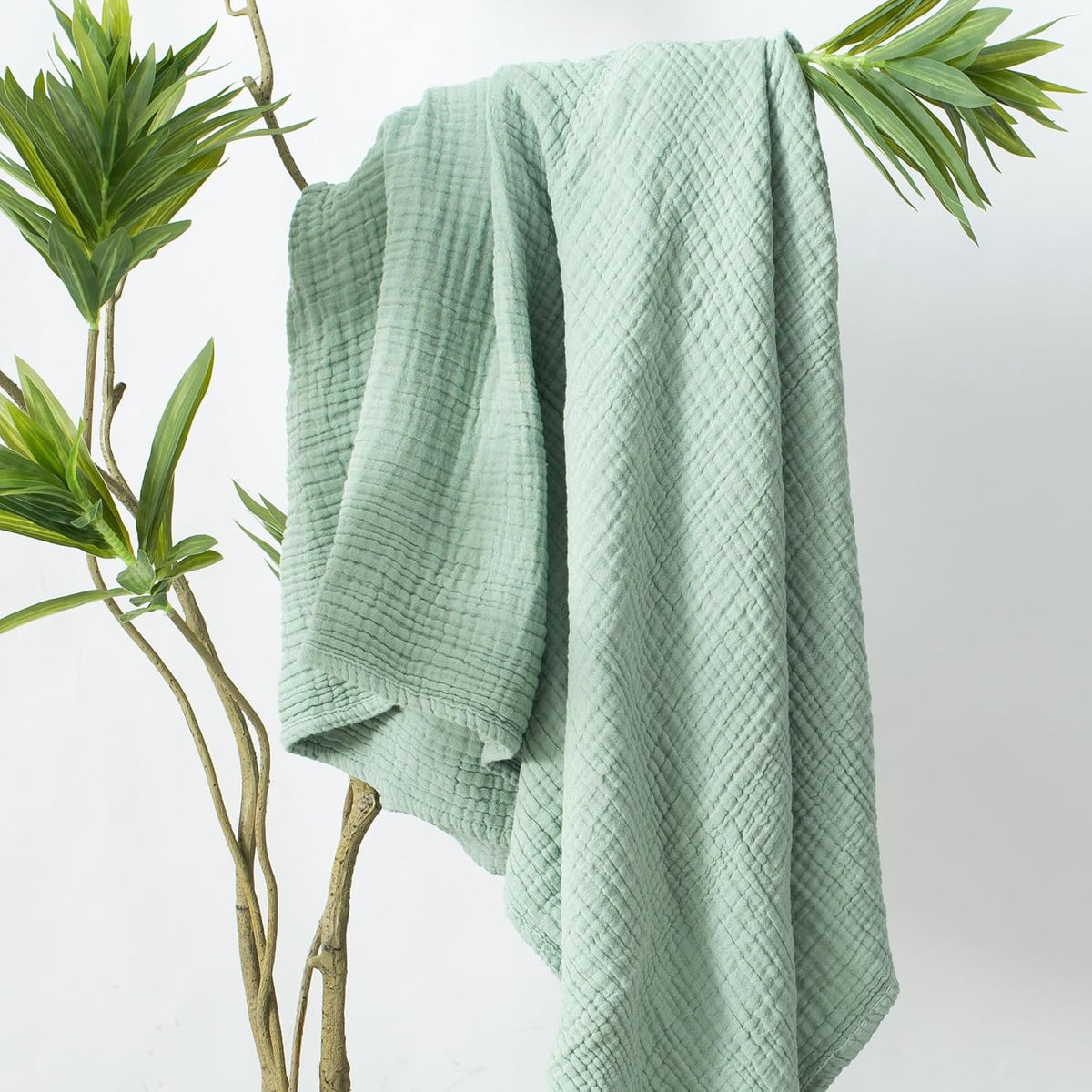Carriediosa 100% Cotton Muslin Throw Blanket 90" X 90" Queen Size，4-Layers Summer Gauze Throws for Bed Couch，Soft Lightweight Breathable Linen Blankets Bedspread for Adults All Season，Sage Green