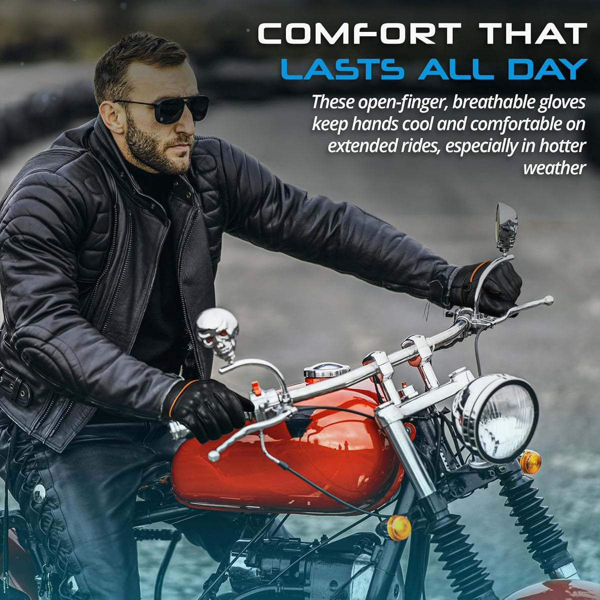 aasportx Motorcycle Gloves - Men's Leather Motorbike Gloves with Touchscreen Function - Non-Slip Pads for Men & Women