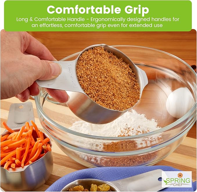 Spring Chef Stainless Steel Measuring Cups Set of 7 with Pour Spout - Nesting Kitchen Tools with Easy Read Markings to Measure Dry or Liquid Ingredients - Metal Measuring Cups for Baking & Cooking