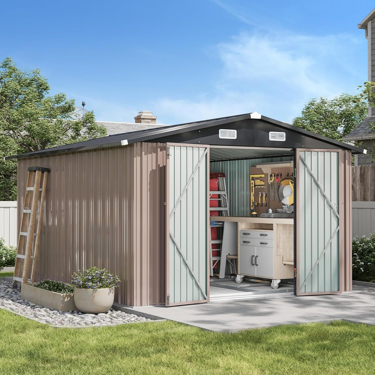 Aoxun 10 x 12FT Outdoor Storage Shed with Base Utility Garden Shed with Lockable Door & Sloped Roof Metal Sheds Outdoor Storage for Garden, Backyard, Patio and Backyard,（Brown/Base Included）
