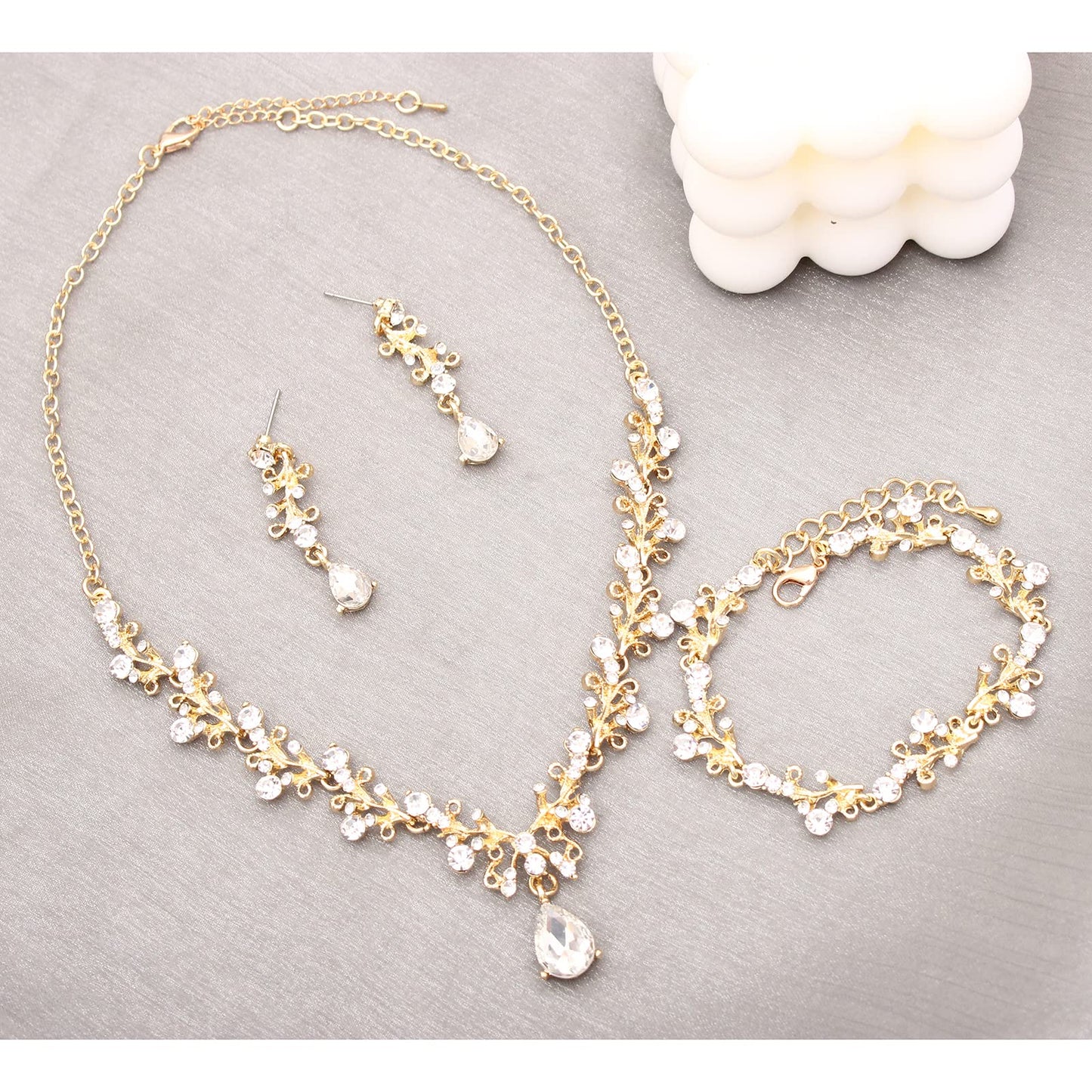 Enrwin 3Pcs Austrian Crystal Jewelry Set for Women, Necklace Dangle Earrings Link Bracelet with Gold/Platinum/Gun Plated, Wedding Party Bridal Bridesmaid (White-Gold Plated)