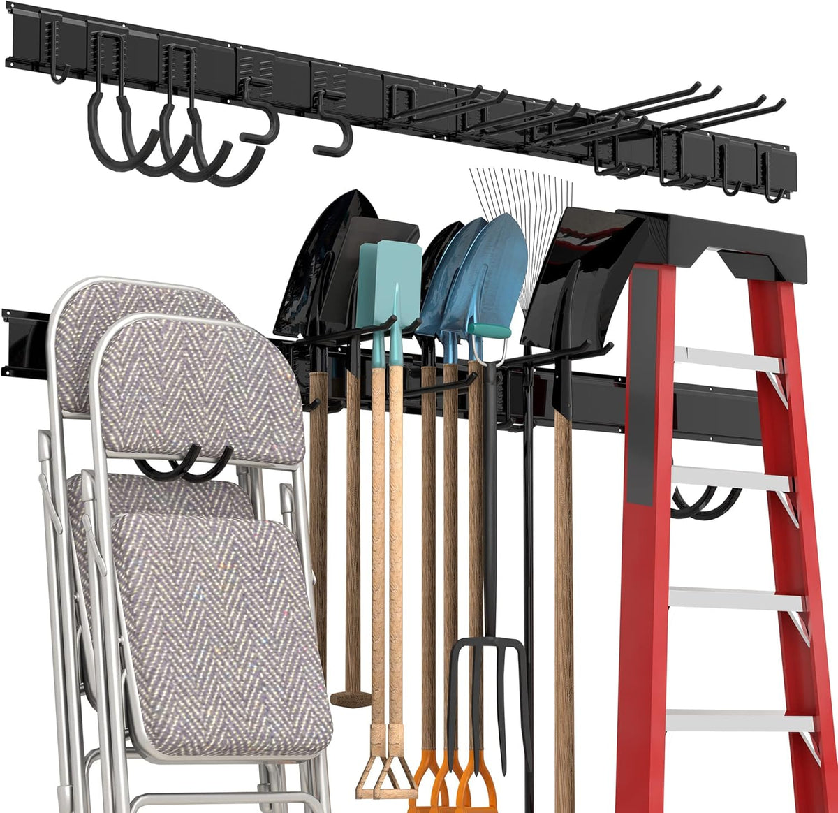 Garage Tool Storage Rack, Heavy Duty Garage Storage Organizer Rack System Wall Mounted Tool with 12 double hooks, 4 rails Garden Tool Rack