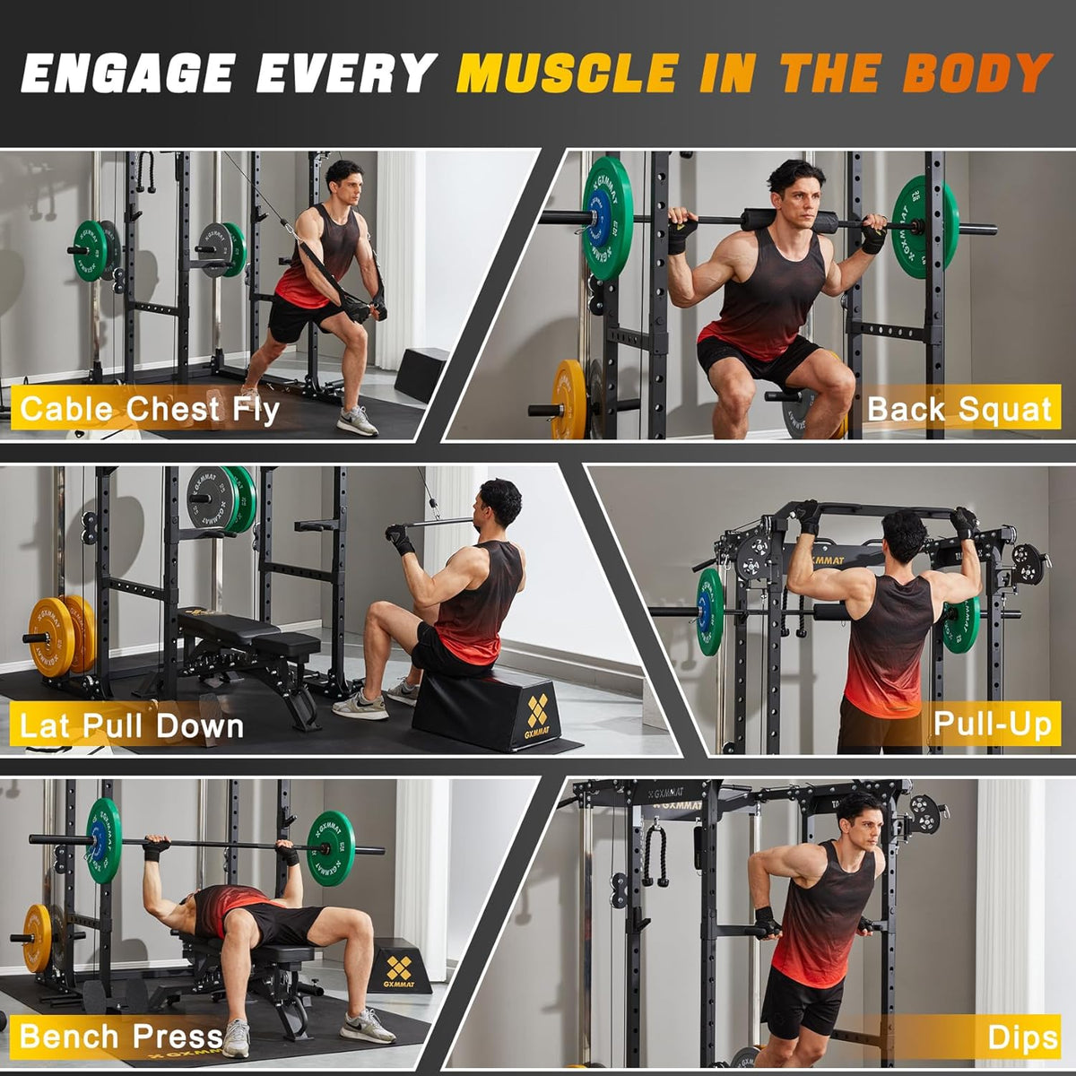 GXMMAT X6 Power Cage, 2200LB Multi-Function Power Rack with Independent Dual Aluminum Pulley System, Squat Rack for Home Gym Strength Training Equipment, Heavy-Duty Steel Construction