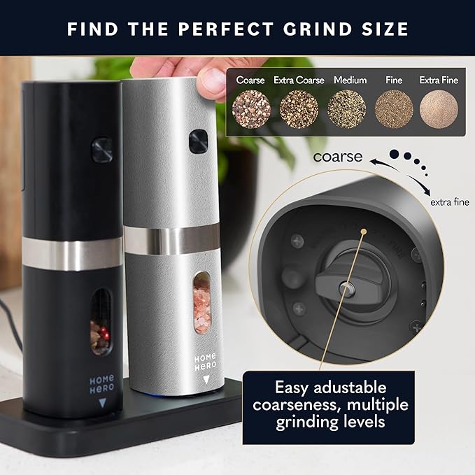 Home Hero Electric Salt and Pepper Grinder Set - Automatic Salt and Pepper Grinder Set Rechargeable. Electronic Salt and Pepper Shakers with LED Light, Electric Pepper & Salt Grinder, Set of 2