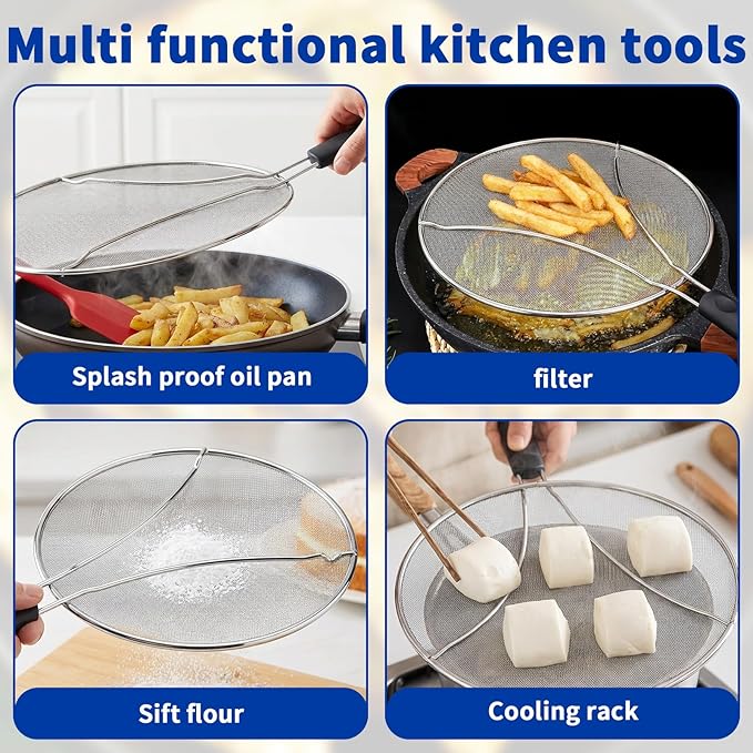 Splatter Screen for Frying Pan - 10’’ Stainless Steel Grease Splatter Guard with Grip Handle- Ultra Fine Mesh Cover Oil Splash when Sizzling Bacon, Cooking Fried Chicken or Popcorn