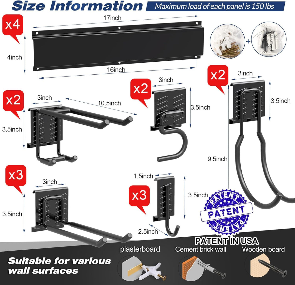 Garage Tool Storage Rack, Heavy Duty Garage Storage Organizer Rack System Wall Mounted Tool with 12 double hooks, 4 rails Garden Tool Rack