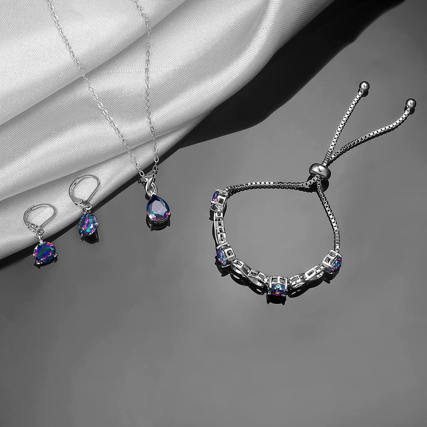 VOLUKA 18K White Gold Plated Rainbow CZ Jewelry Set Teardrop Necklace/Leverback Earrings/Adjustable Infinity Bracelet for Women Pack of 3
