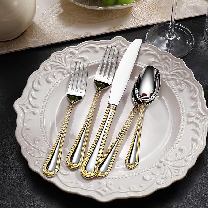 KEAWELL Pearl Edge Premium 20-Piece Refined Bead Silverware Set, 18/10 Stainless Steel, Service for 4, Fine Flatware Set, Dishwasher Safe (20, Gold Accent)