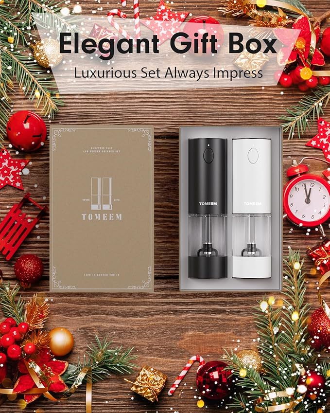 Upgraded Larger Capacity Electric Salt and Pepper Grinder Set Rechargeable with LED lights, Stainless Steel Automatic Pepper and Salt Grinder Refillable with 5 Adjustable Coarseness Black - White