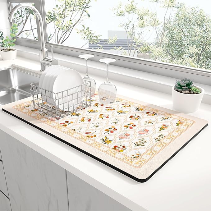 Rnivvi Dish Drying Mat for Kitchen Counter, 12 x 19" Cute Flower Theme Super Absorbent Draining Pad, Non-Slip Heat Resistant Coffee Bar Mat for Coffee Machine Station Accessories, Beige Dish Rack Pad