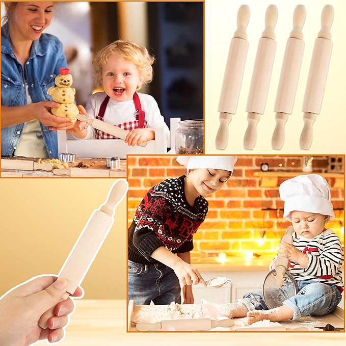 16 Pcs 8 Inch Mini Wooden Rolling Pins Small Wood Rolling Pin Wooden Roller for Girls and Boys Kitchen Baking Pastry Cake Cookie Chef Role-playing Game