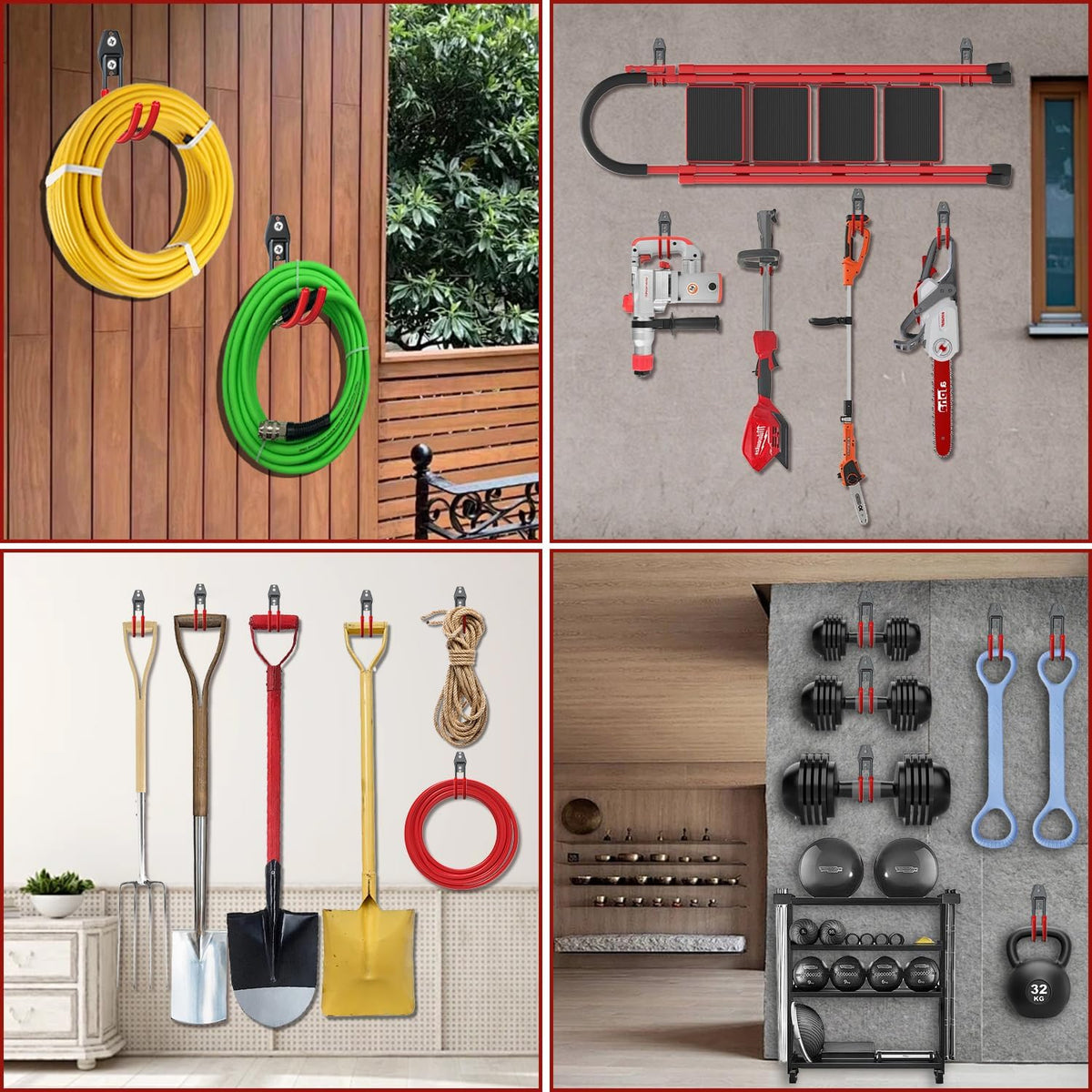 3-H Garden Hose Holder Wall Mount 2 Pack,Solid Steel Hose Hanger,Water Hose Holders for Outside,Perfect for Hanging Outdoor Air Hose,Ropes,Pipes,Garden Tools,Ladders,Bikes,Bulk Items(Red)