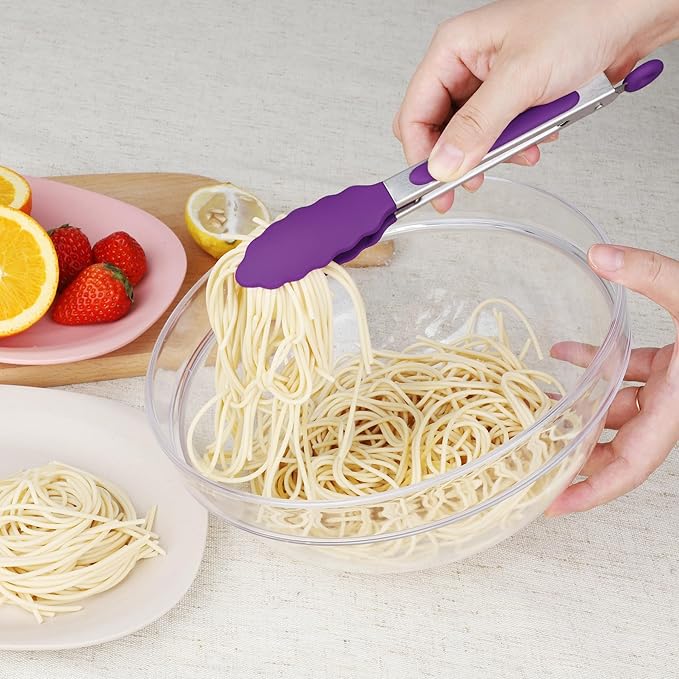 Hotec Mini Silicone Kitchen Tongs for Cooking - 7-Inch Small Serving Tongs with Silicone Tips, Set of 3 (Purple)