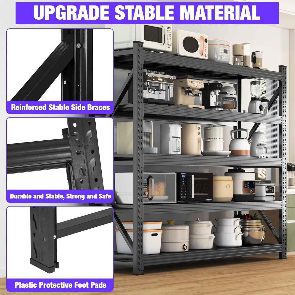 Metal Garage Shelving Heavy Duty, 5-Tier Adjustable Wire Storage Garage Shelves, 8000 LBS Loads Industrial Shelving Units for Garages, Warehouses, Kitchen, Black, 59" W x 24" D x 71" H,2 Pack