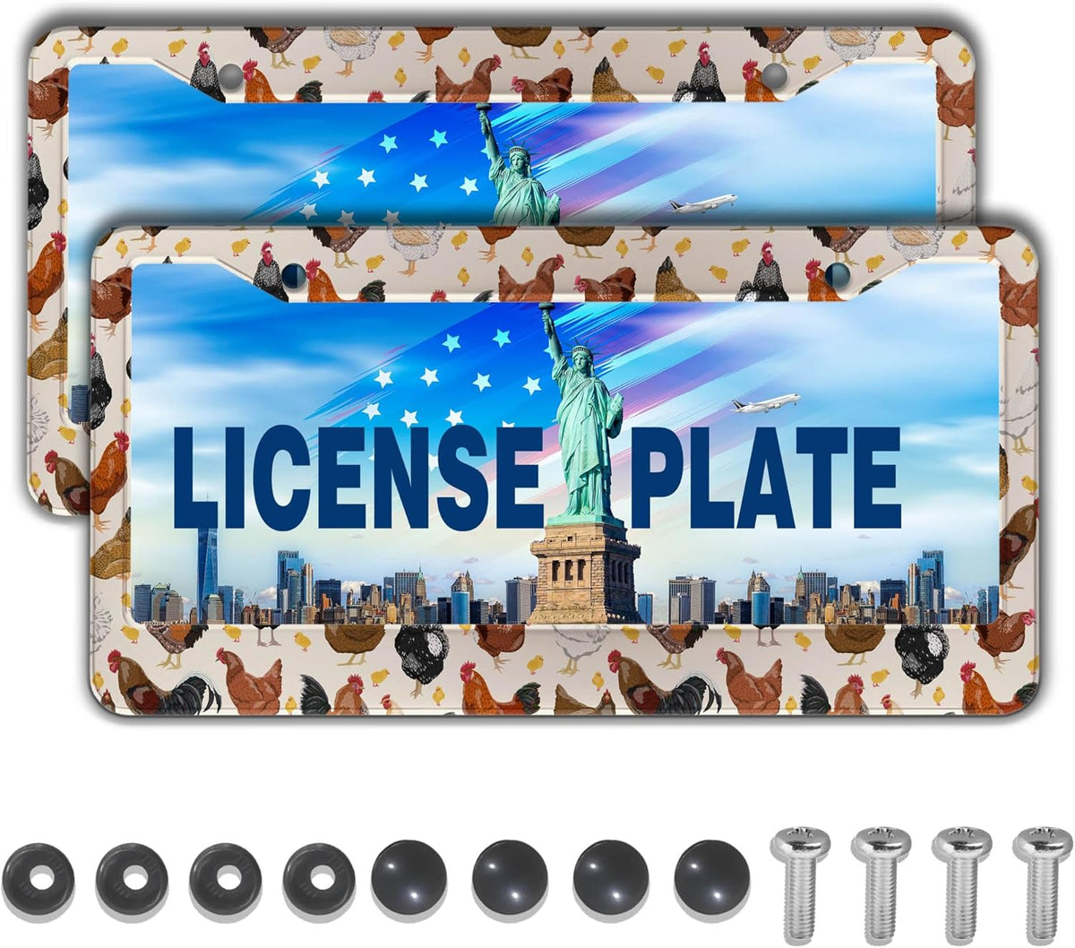 License Plate Covers for Women Multicolor License Plate Frames for Men Chicken Flower Aluminum Metal Car Accessory 2 Pack with Screw Covers Set
