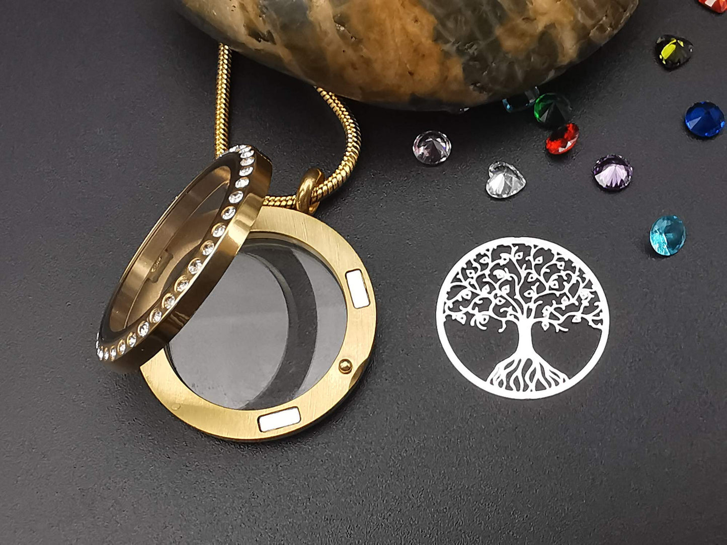 18K Gold Plated Tree of Life Floating Locket Family Necklace Pendant with 24Pcs Birthstones, Best Gift for Mom Mother Mummy Grandma Nana Aunt Niece Women