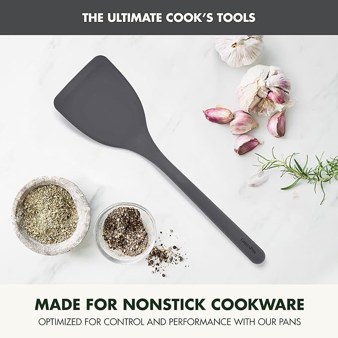 GreenPan Silicone Solid Turner Spatula, Flipping Cooking Kitchen Utensil, Flexible Rubber Nonstick Cookware, Rigid Steel Core, Heat-Resistant, Anti-Slip Handle, BPA-Free, Dishwasher Safe, Gray