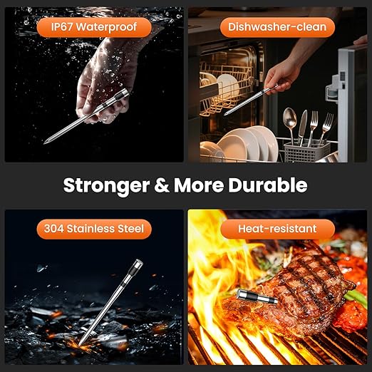 Wireless Meat Thermometer Digital-5.3 Bluetooth for Stable 800ft APP Control (iOS&Android), 10mins Charge for 24H Use Meat Probe, Accuracy ±0.5°F, Instant Read Meat Thermometer for BBQ, Grill, Oven