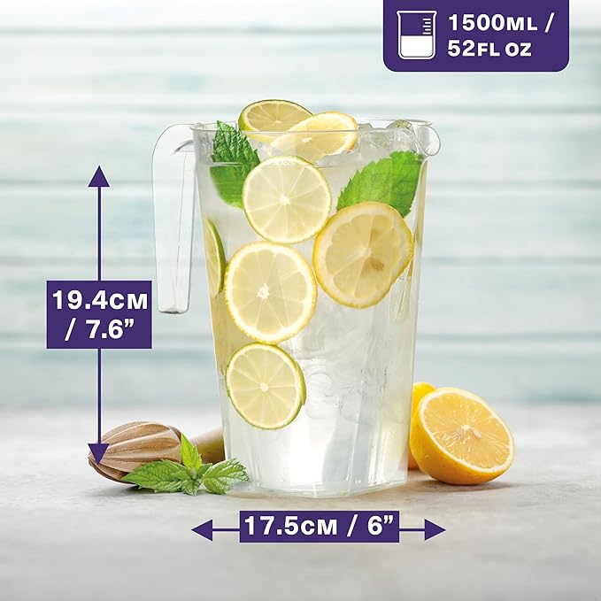MATANA 6 Pack Clear Water Pitchers - 52 oz Plastic Beer Pitcher with Handle for Drinks, Juice, Lemonade, Beverages - BPA-Free Iced Tea Pitcher for Fridge, Home, Party, Event