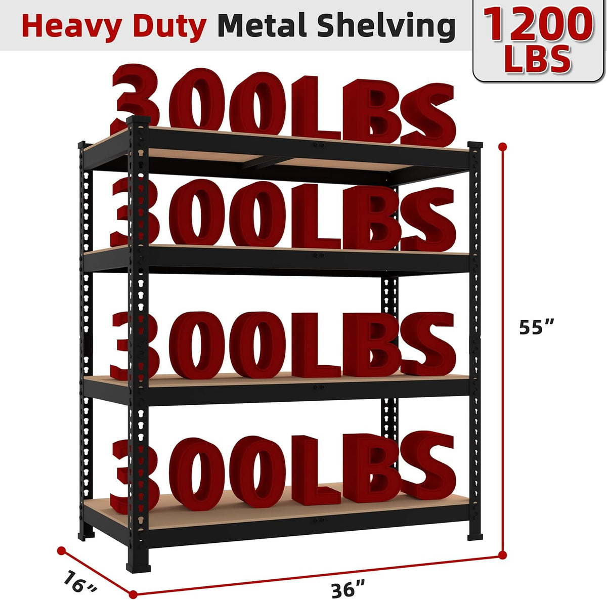 3 Packs 36" W x 16" D x 55" H Adjustable Garage Storage Shelves - 4-Shelf Heavy Duty Shelving Unit, Metal Utility Storage Organizer Racks for Warehouse Pantry Closet Kitchen, Black