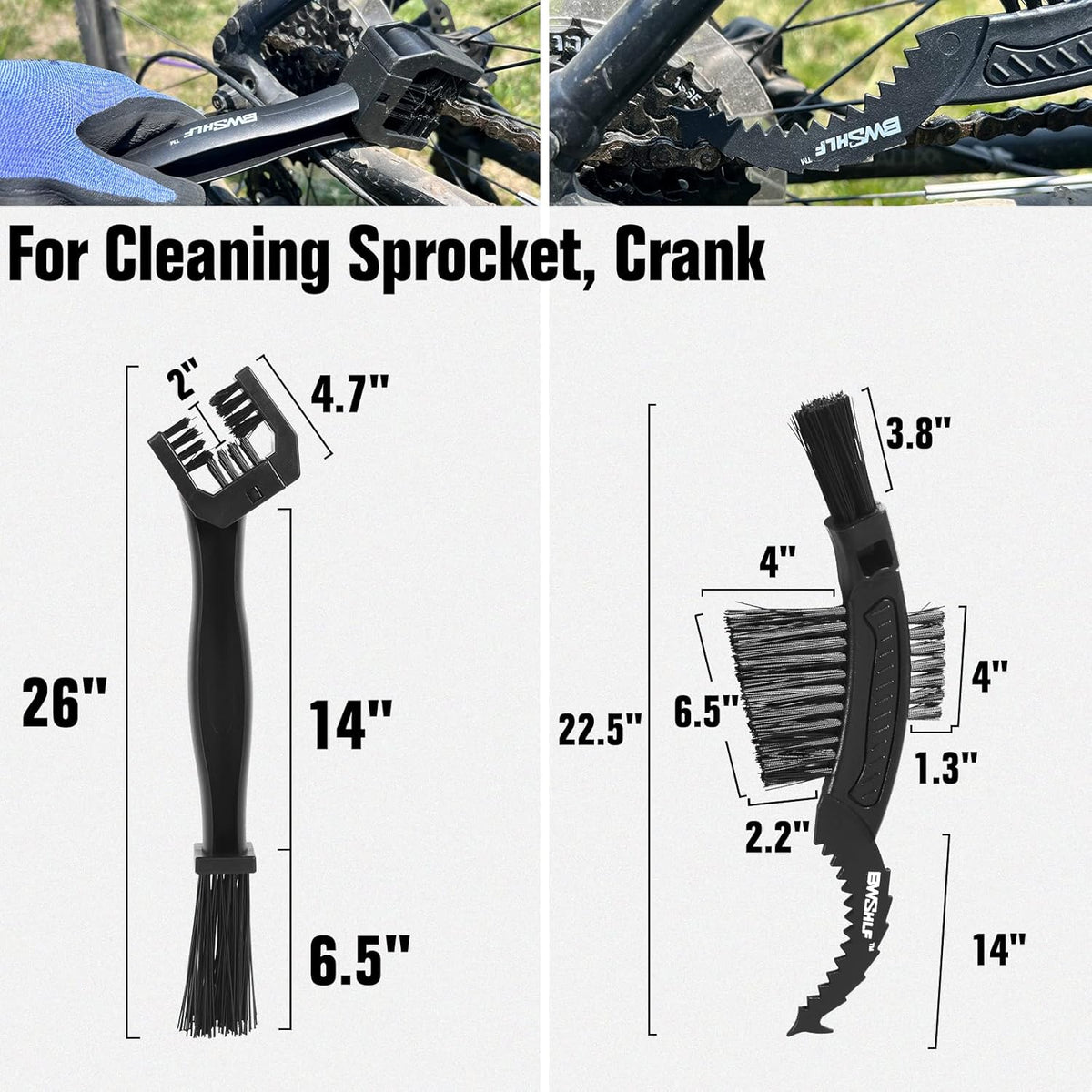 BWSHLF Bike Cleaning Kit (6 Pcs) with 1 Storage Bag, 5 Brushes for Tires, Chain, Sprockets, Cranks, Hubs, and Spokes, 1 Cleaning Mitt for Frame, Saddle, Clean Tools for MTB/Road/BMX/E-Bike/Gravel Bike