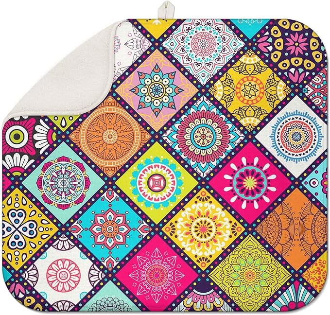 Boho Drying Mat 16" X 18" Abstract Plaid Kitchen Counter Stone Large Dish Drying Mats For Kitchen Colorful Drying Mats For Home Counter Flower Drying Mats For Dishes Dish Table Mat Drying Kitchen Mat