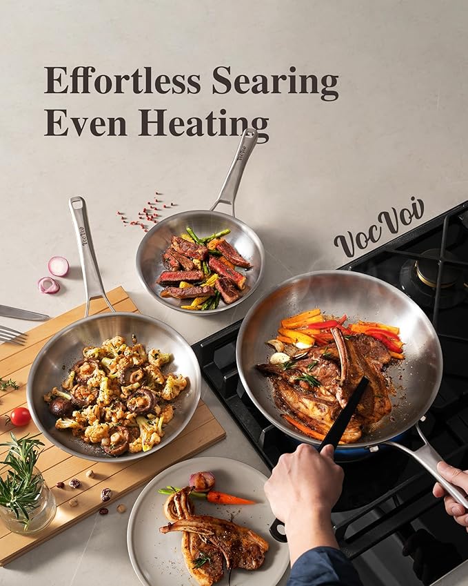 Stainless Steel Pans, Stainless Steel Cookware Set, 8/10/12 Inch with Lid, PFOA & PTFE Free Skillets, Non Toxic Chef's Pan Set, Frying Pans for Cooking, Oven & Dishwasher Safe, Induction Compatible