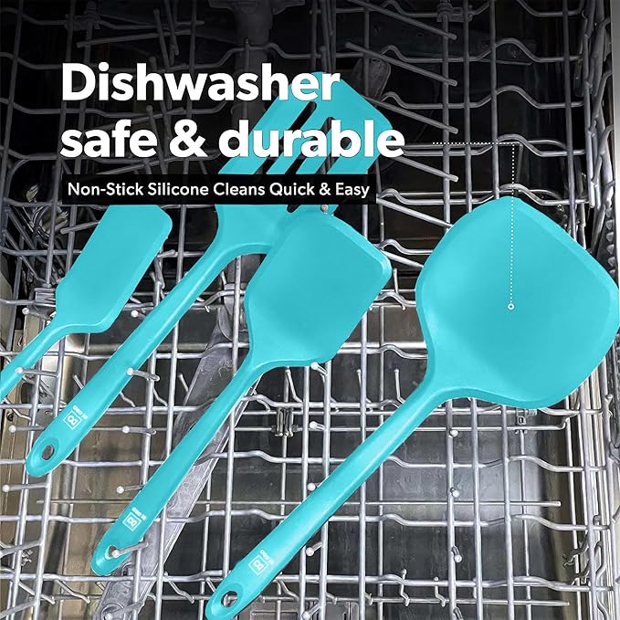 New DI ORO Silicone Turner Spatula Set - Kitchen Spatulas for Nonstick Cookware - Cooking Utensils for Flipping Eggs & Pancakes - 600°F Heat-Resistant BPA Free Turners - Dishwasher Safe (4pc, Teal)