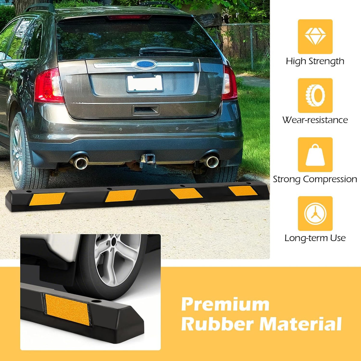 IRONMAX Rubber Parking Curb, 72" Long Car Stopper with Yellow Reflective Stripes, 8800 LBS Weight Capacity Parking Block for Car, Truck, RV, Trailer, Tier Stops for Garage Floor, Driveway (4)