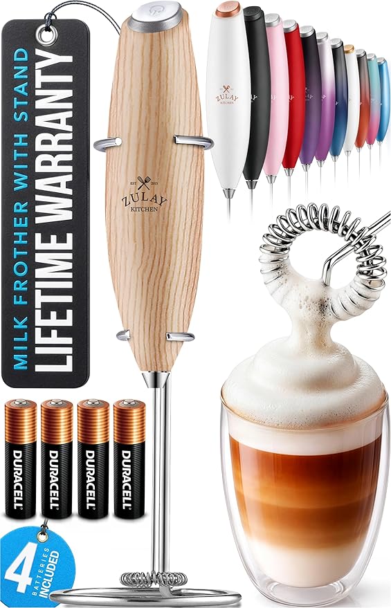 Zulay Kitchen Powerful Milk Frother Wand With 4 AA Duracell Batteries - Ultra Fast Handheld Drink Mixer - Electric Whisk Foam Maker for Coffee, Lattes, Cappuccino, Matcha & Creamer - Maple
