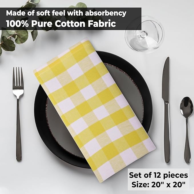 Urban Villa Easter Cloth Napkins 100% Cotton Dinner Napkins Highly Absorbent 20x20 Inches (Set of 12) Yellow White Buffalo Checks Reusable Washable Soft Durable Napkins Ideal for Home Wedding Parties