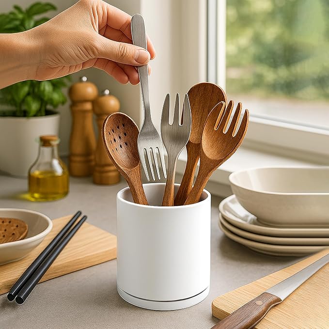 D'vine Dev 360° Rotating Utensil Holder Set – 7.2"+5" Kitchen Utensil Crocks for Countertop, Modern Cooking Tool Organizers for Kitchen Storage +Décor, White, Set of 2, 72-Z-A-1