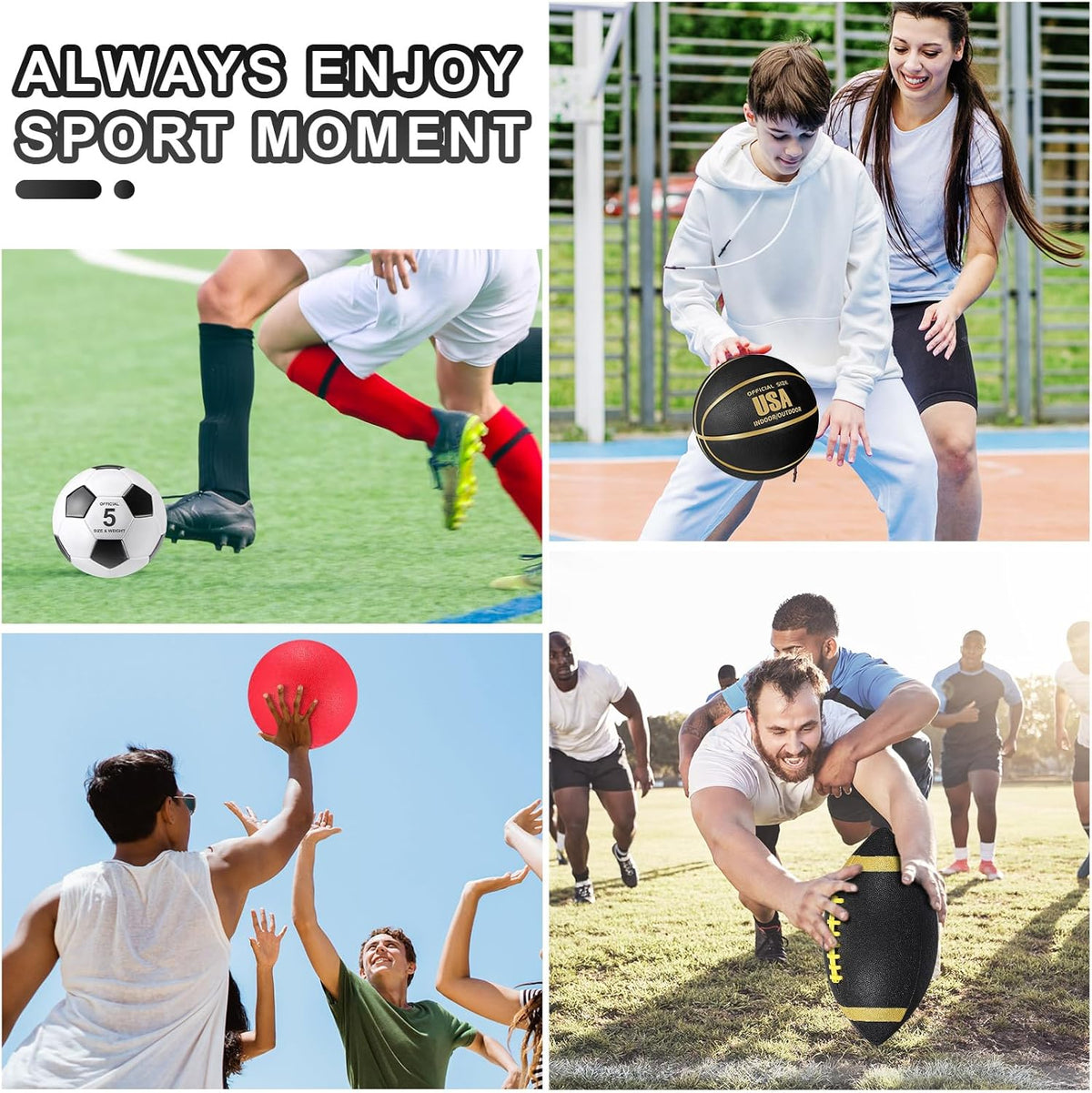Deekin 8 Pcs Sports Balls Set for Kids Adult Assorted Football Basketball Soccer Playground Balls Official Size with Bags Pumps Outdoor Sports Equipment Athletic Gift Back to School